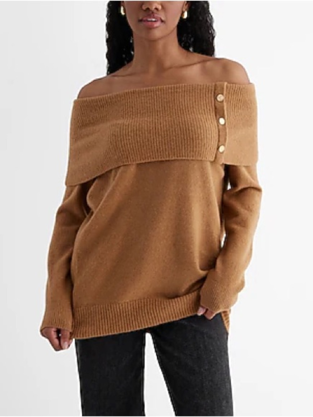 Novelty Button Off The Shoulder Oversized Sweater